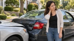 A New Jersey driver holds her neck beside two vehicles after a minor rear-end collision.