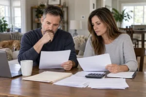 A New Jersey couple calmly reviewing financial documents while continuing to share their home during divorce.