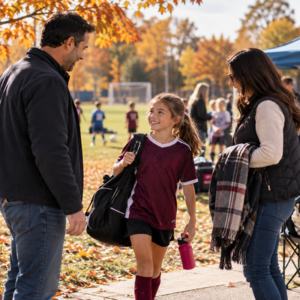 Two parents greet their daughter after a fall school sports activity.
