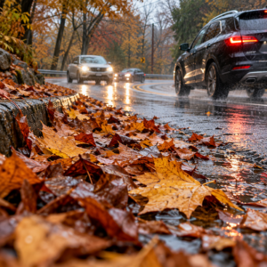 Wet autumn leaves on a road as cars slow in rain