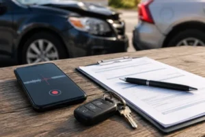 A phone records audio beside accident paperwork and car keys.