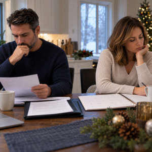 Couple reviews divorce paperwork and a calendar at home before year-end