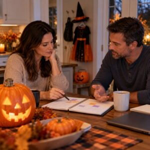 Halloween decorations outside a New Jersey home during a calm parenting-time exchange.