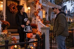 Parents discuss a Halloween parenting-time calendar while their child’s costume hangs nearby.
